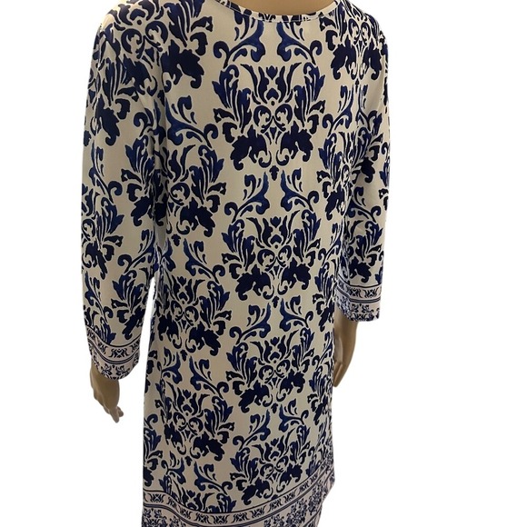 JEAN-PIERRE KLIFA Paris Blue White Floral Print 3/4 Sleeve Dress Size M - Picture 4 of 5